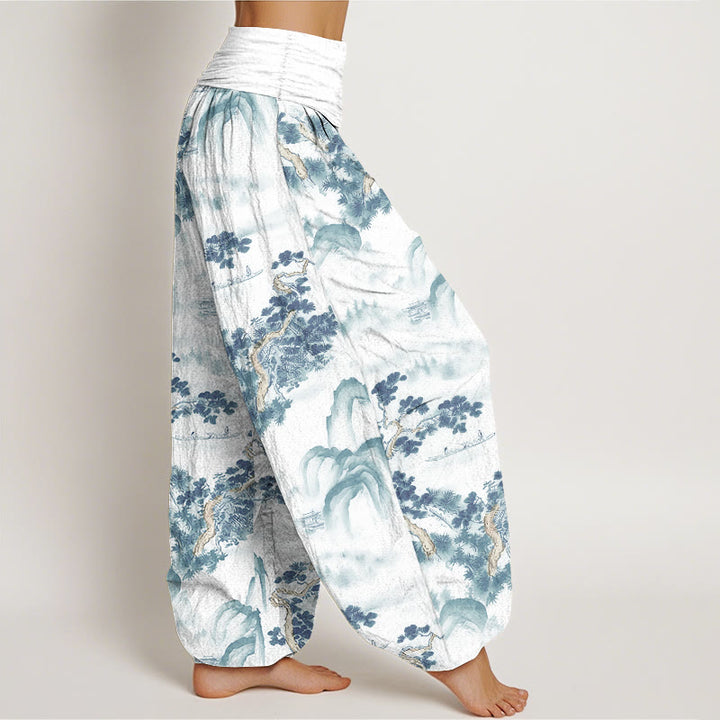 Pantalones bombachos de cintura elástica para mujer, de algodón puro, con estampado de Buddha Stones, pinos y montañas. - image 9