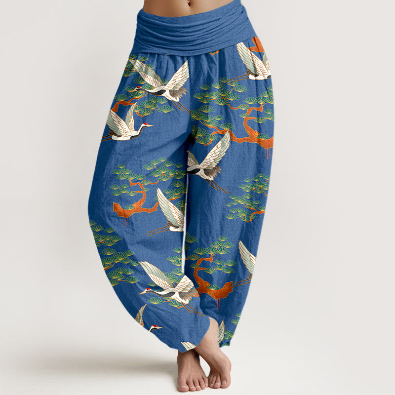 Pantalón tipo harem de cintura elástica para mujer, de algodón puro, con estampado de Buddha Stones, pinos y grullas. - Azul real - US16，UK/AU20，EU48 (3XL) - image 0
