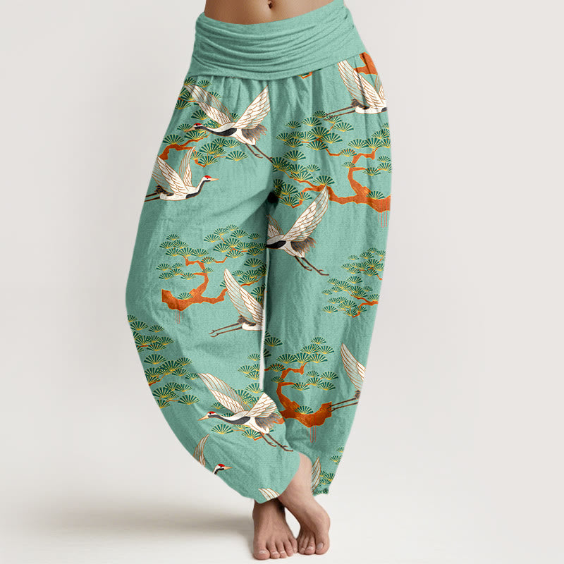 Pantalón tipo harem de cintura elástica para mujer, de algodón puro, con estampado de Buddha Stones, pinos y grullas. - Verde mar medio - US16，UK/AU20，EU48 (3XL) - image 5