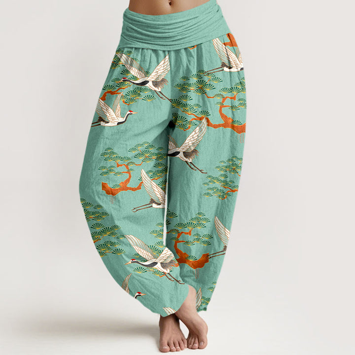 Pantalón tipo harem de cintura elástica para mujer, de algodón puro, con estampado de Buddha Stones, pinos y grullas. - Verde mar medio - US16，UK/AU20，EU48 (3XL) - image 5