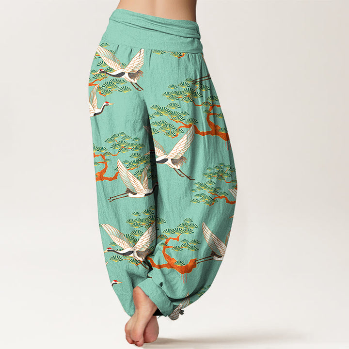 Pantalón tipo harem de cintura elástica para mujer, de algodón puro, con estampado de Buddha Stones, pinos y grullas. - image 6