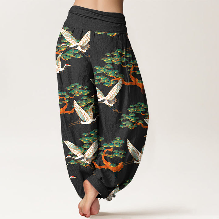 Pantalón tipo harem de cintura elástica para mujer, de algodón puro, con estampado de Buddha Stones, pinos y grullas. - Negro - US16，UK/AU20，EU48 (3XL) - image 8