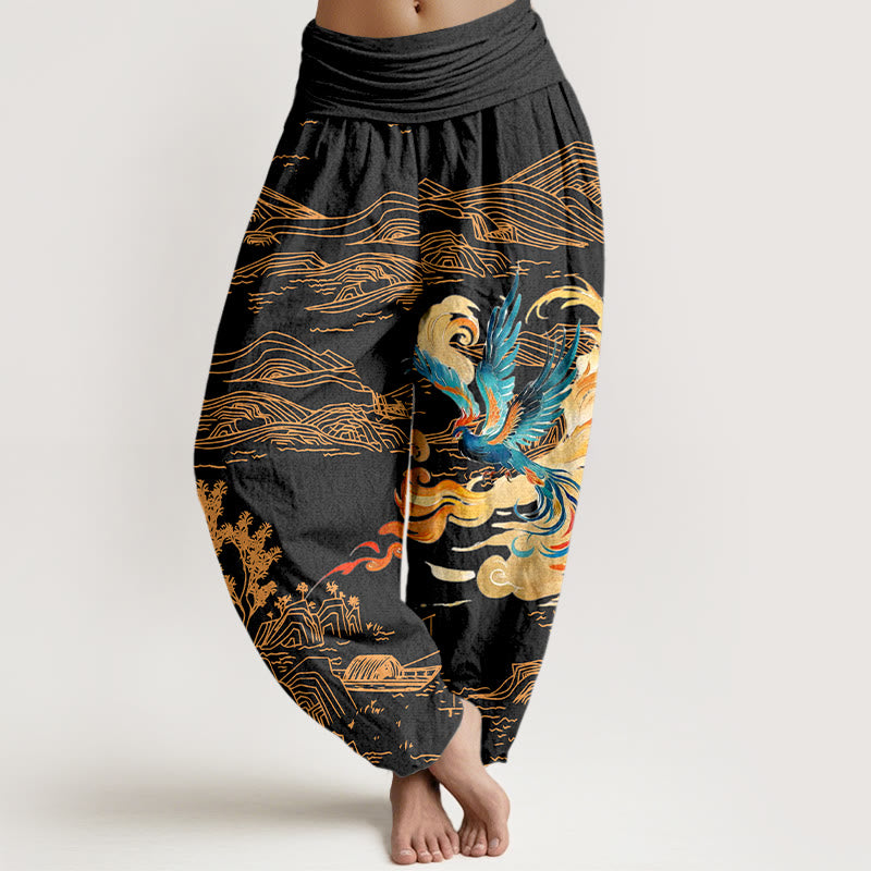 Pantalón tipo harem de algodón puro con cintura elástica y estampado de paisaje de las montañas Phoenix y Buddha Stones para mujer. - Negro - US16，UK/AU20，EU48 (3XL) - image 0