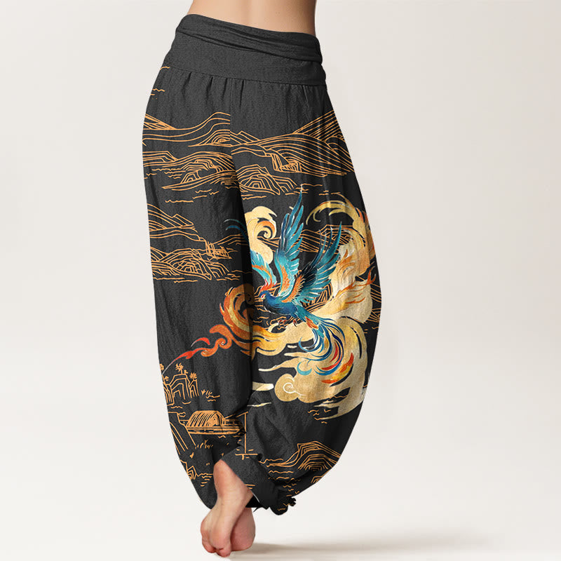 Pantalón tipo harem de algodón puro con cintura elástica y estampado de paisaje de las montañas Phoenix y Buddha Stones para mujer. - image 1