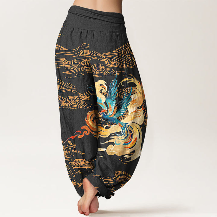 Pantalón tipo harem de algodón puro con cintura elástica y estampado de paisaje de las montañas Phoenix y Buddha Stones para mujer. - image 1