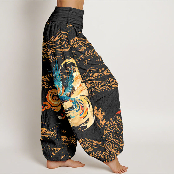 Pantalón tipo harem de algodón puro con cintura elástica y estampado de paisaje de las montañas Phoenix y Buddha Stones para mujer. - image 2