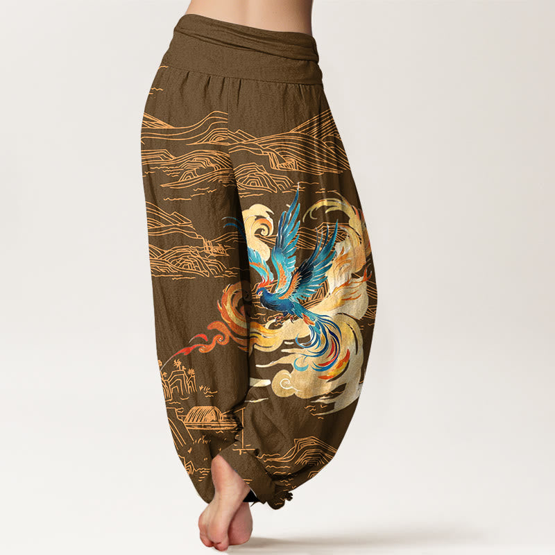 Pantalón tipo harem de algodón puro con cintura elástica y estampado de paisaje de las montañas Phoenix y Buddha Stones para mujer. - image 6