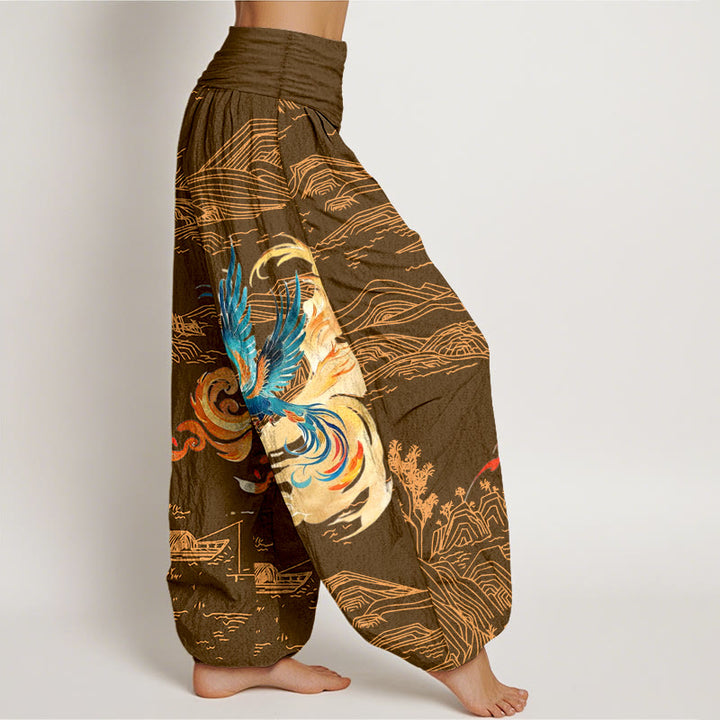 Pantalón tipo harem de algodón puro con cintura elástica y estampado de paisaje de las montañas Phoenix y Buddha Stones para mujer. - image 7