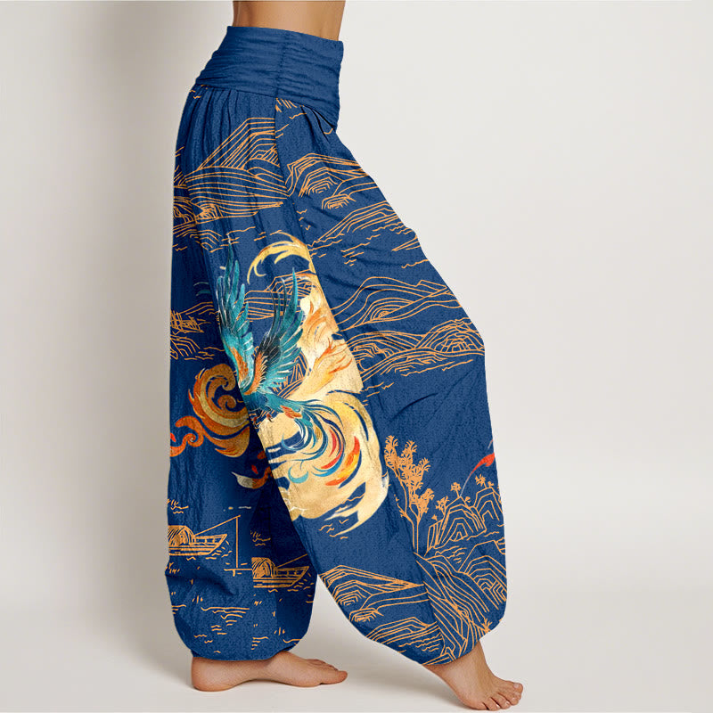 Pantalón tipo harem de algodón puro con cintura elástica y estampado de paisaje de las montañas Phoenix y Buddha Stones para mujer. - image 10