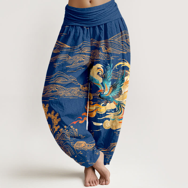 Pantalón tipo harem de algodón puro con cintura elástica y estampado de paisaje de las montañas Phoenix y Buddha Stones para mujer. - Azul medio - US16，UK/AU20，EU48 (3XL) - image 8