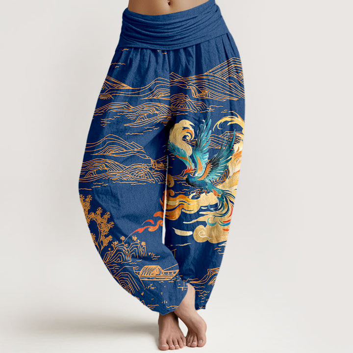 Pantalón tipo harem de algodón puro con cintura elástica y estampado de paisaje de las montañas Phoenix y Buddha Stones para mujer. - Azul medio - US16，UK/AU20，EU48 (3XL) - image 8