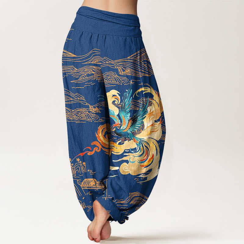 Pantalón tipo harem de algodón puro con cintura elástica y estampado de paisaje de las montañas Phoenix y Buddha Stones para mujer. - image 9