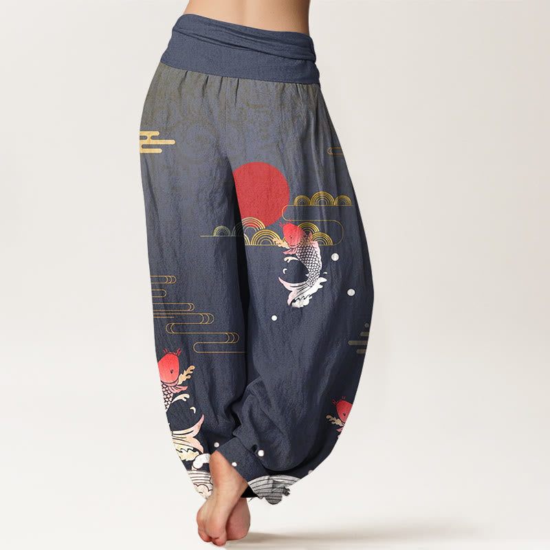 Pantalón tipo harem de algodón puro con estampado de Buddha Stones, peces koi, sol rojo, olas y nubes. - image 1