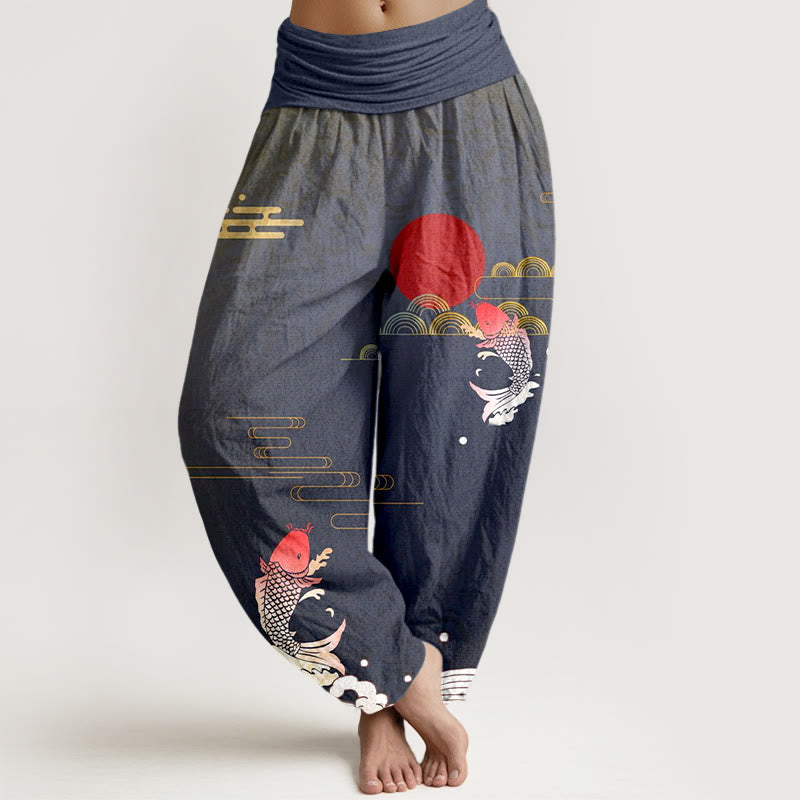 Pantalón tipo harem de algodón puro con estampado de Buddha Stones, peces koi, sol rojo, olas y nubes. - Gris pizarra claro - US16，UK/AU20，EU48 (3XL) - image 0