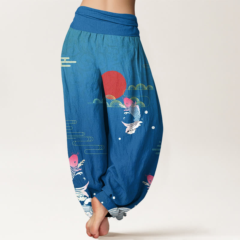 Pantalón tipo harem de algodón puro con estampado de Buddha Stones, peces koi, sol rojo, olas y nubes. - image 6