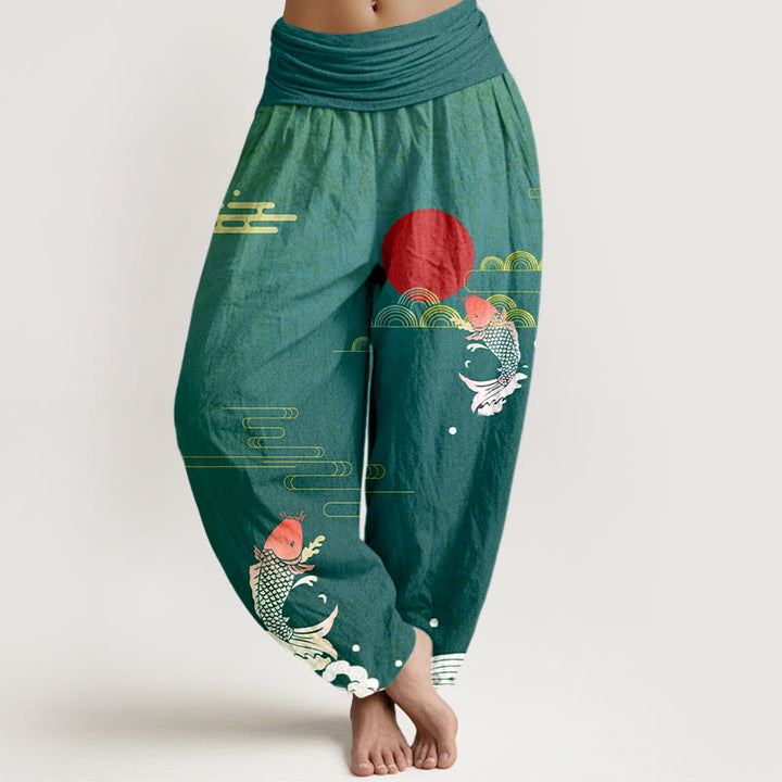 Pantalón tipo harem de algodón puro con estampado de Buddha Stones, peces koi, sol rojo, olas y nubes. - cian oscuro - US16，UK/AU20，EU48 (3XL) - image 8