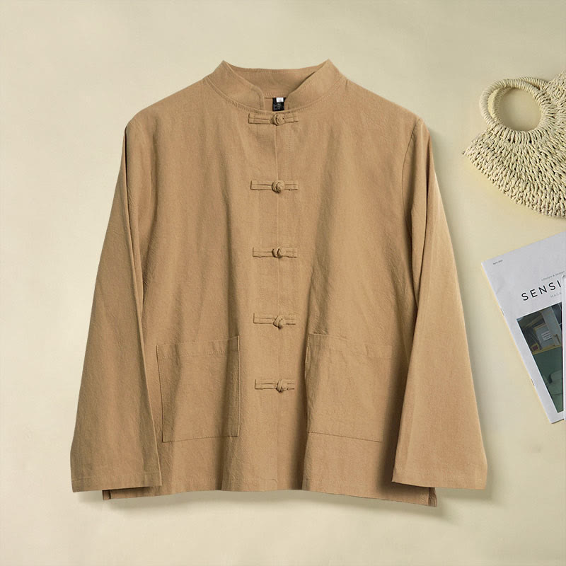 Camisa étnica de algodón con cuello alto, manga larga y botones de rana para mujer, con Buddha Stones y bolsillos - Vara de oro oscura - US12, UK/AU16, EU44 (2XL) - image 0