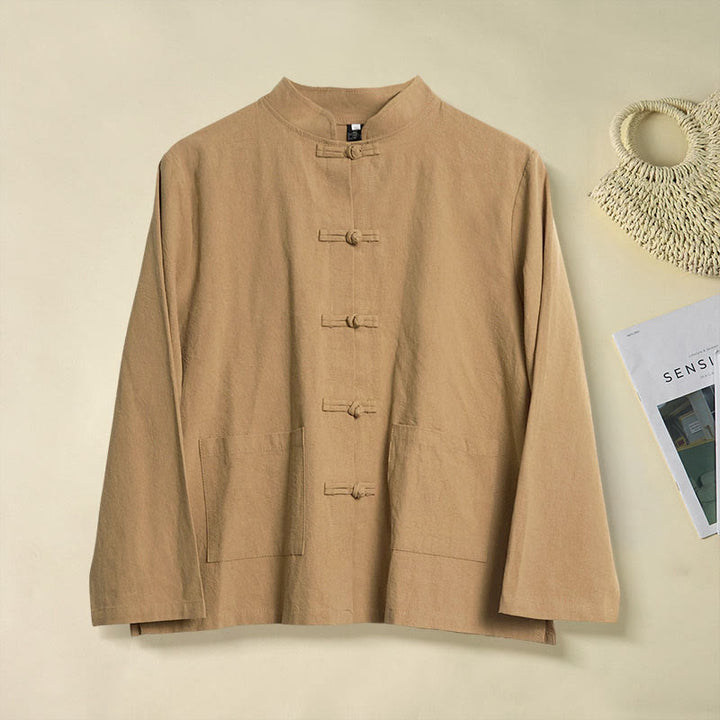 Camisa étnica de algodón con cuello alto, manga larga y botones de rana para mujer, con Buddha Stones y bolsillos - Vara de oro oscura - US12, UK/AU16, EU44 (2XL) - image 0