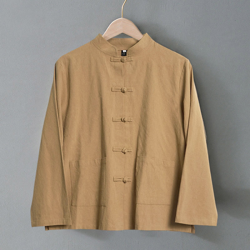 Camisa étnica de algodón con cuello alto, manga larga y botones de rana para mujer, con Buddha Stones y bolsillos - image 1