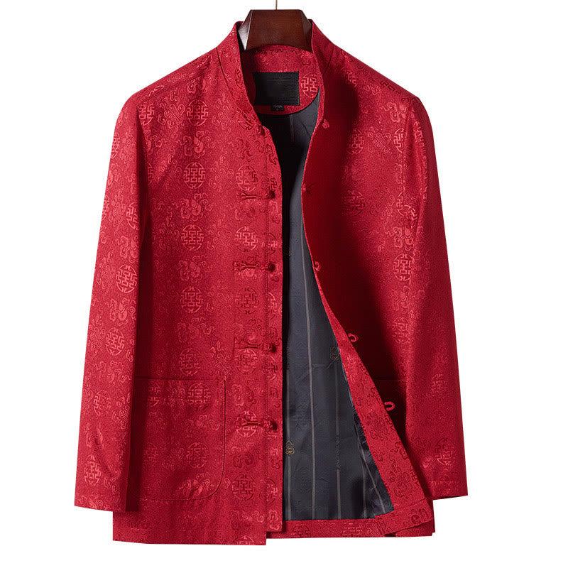 Chaqueta de traje Tang para hombre, de manga larga, cuello alto, con bordado de Buddha Stones y bolsillos. - Rojo - US/UK/AU44, EU54 (4XL) - image 0