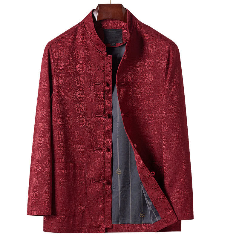 Chaqueta de traje Tang para hombre, de manga larga, cuello alto, con bordado de Buddha Stones y bolsillos. - Rojo oscuro - US/UK/AU42, EU52 (3XL) - image 1