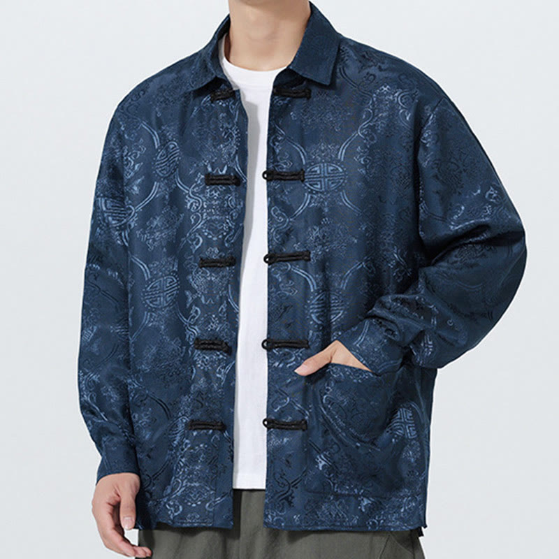 Traje Tang para hombre, chaqueta de manga larga con solapa jacquard de primavera con estampado de Buddha Stones de rana y bolsillos. - image 4