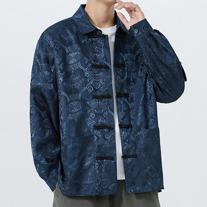 Traje Tang para hombre, chaqueta de manga larga con solapa jacquard de primavera con estampado de Buddha Stones de rana y bolsillos. - image 6