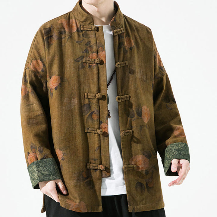 Chaqueta de algodón de manga larga para hombre con estampado floral primaveral y botones de rana chinos, con Buddha Stones. - image 17