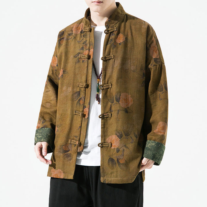 Chaqueta de algodón de manga larga para hombre con estampado floral primaveral y botones de rana chinos, con Buddha Stones. - Vara de oro oscuro - US/UK/AU46, EU56 (5XL) - image 9
