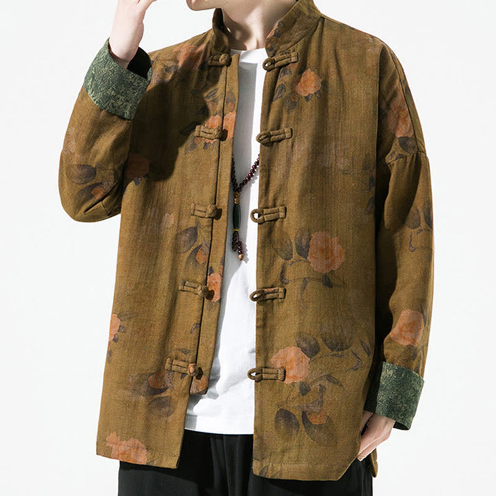 Chaqueta de algodón de manga larga para hombre con estampado floral primaveral y botones de rana chinos, con Buddha Stones. - image 14