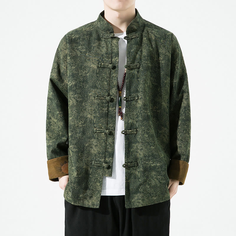 Chaqueta de algodón de manga larga para hombre con estampado floral primaveral y botones de rana chinos, con Buddha Stones. - Verde oscuro - US/UK/AU46, EU56 (5XL) - image 0