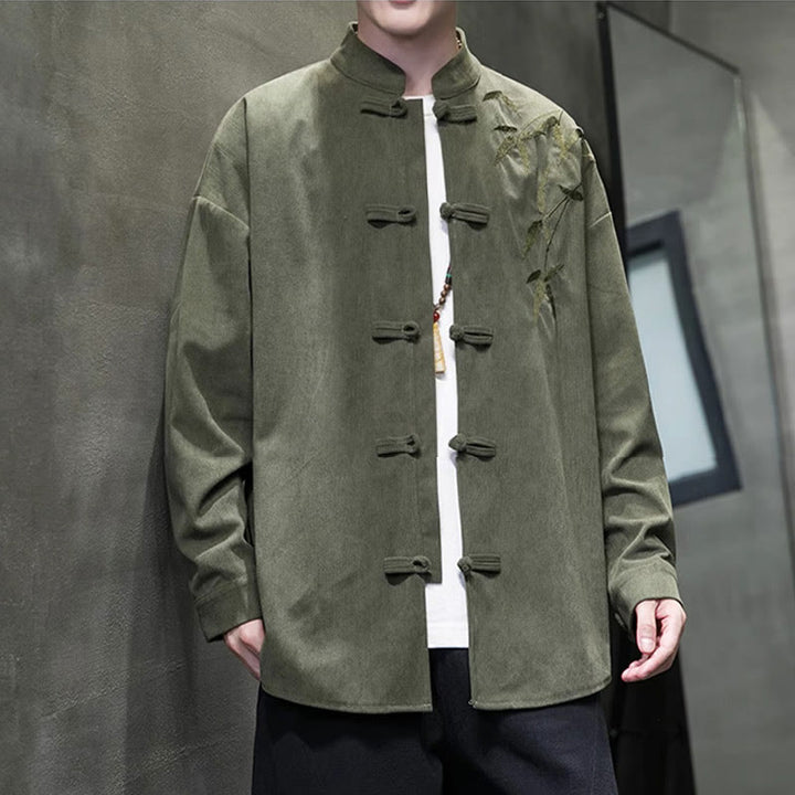 Chaqueta de pana de algodón de manga larga para hombre con bordado chino de bambú y Buddha Stones de primavera. - image 4