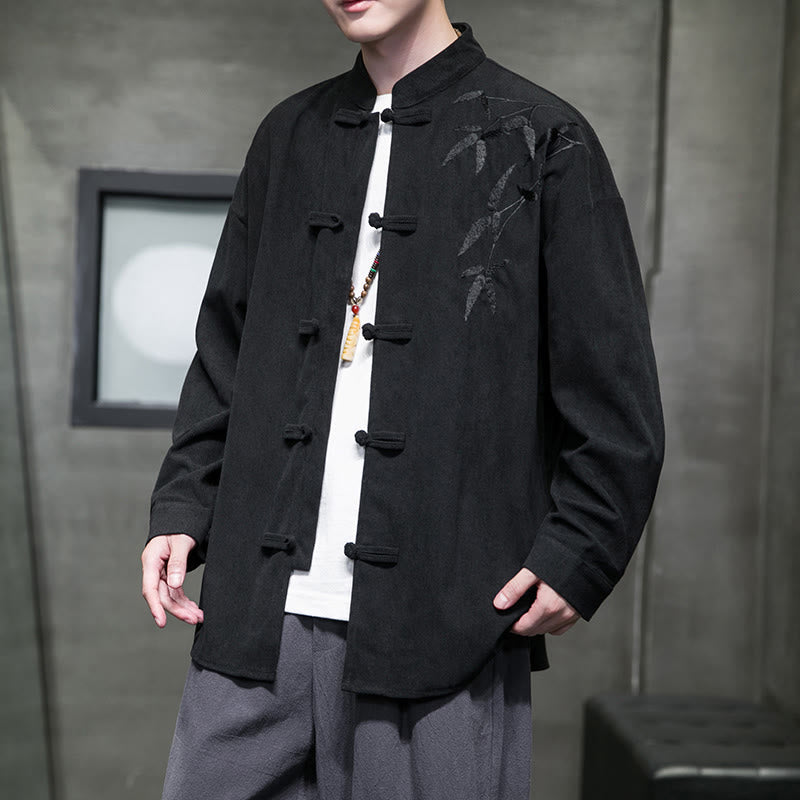 Chaqueta de pana de algodón de manga larga con botones de rana para hombre, bordada con Buddha Stones, estilo chino, de bambú, primavera - Negro - US/UK/AU48，EU58(5XL) - image 28