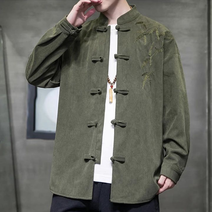 Chaqueta de pana de algodón de manga larga para hombre con bordado chino de bambú y Buddha Stones de primavera. - image 1