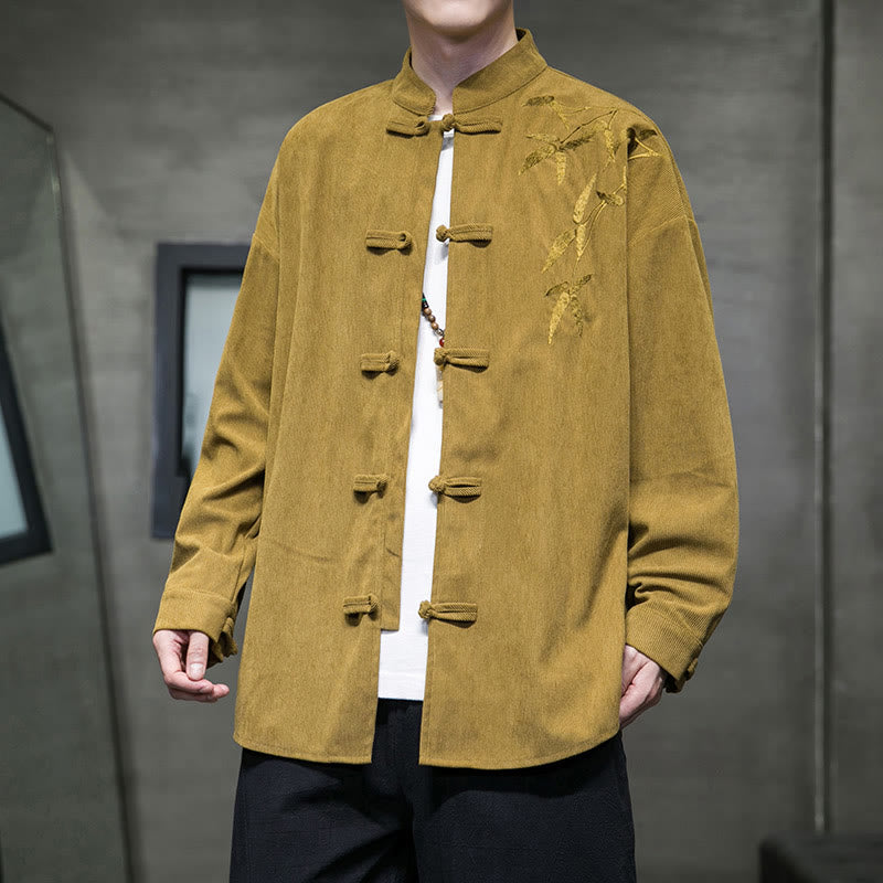 Chaqueta de pana de algodón de manga larga para hombre con bordado chino de bambú y Buddha Stones de primavera. - Vara de oro - US/UK/AU48，EU58(5XL) - image 7