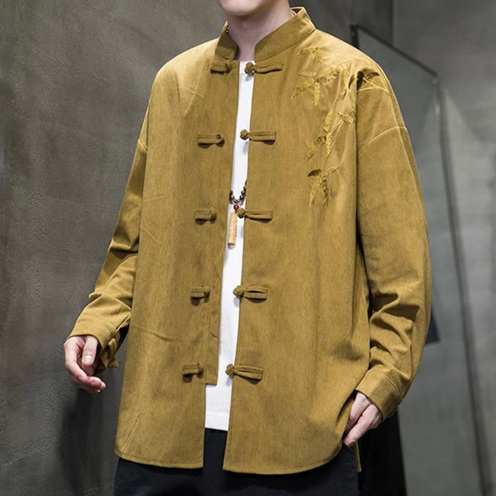 Chaqueta de pana de algodón de manga larga para hombre con bordado chino de bambú y Buddha Stones de primavera. - image 12