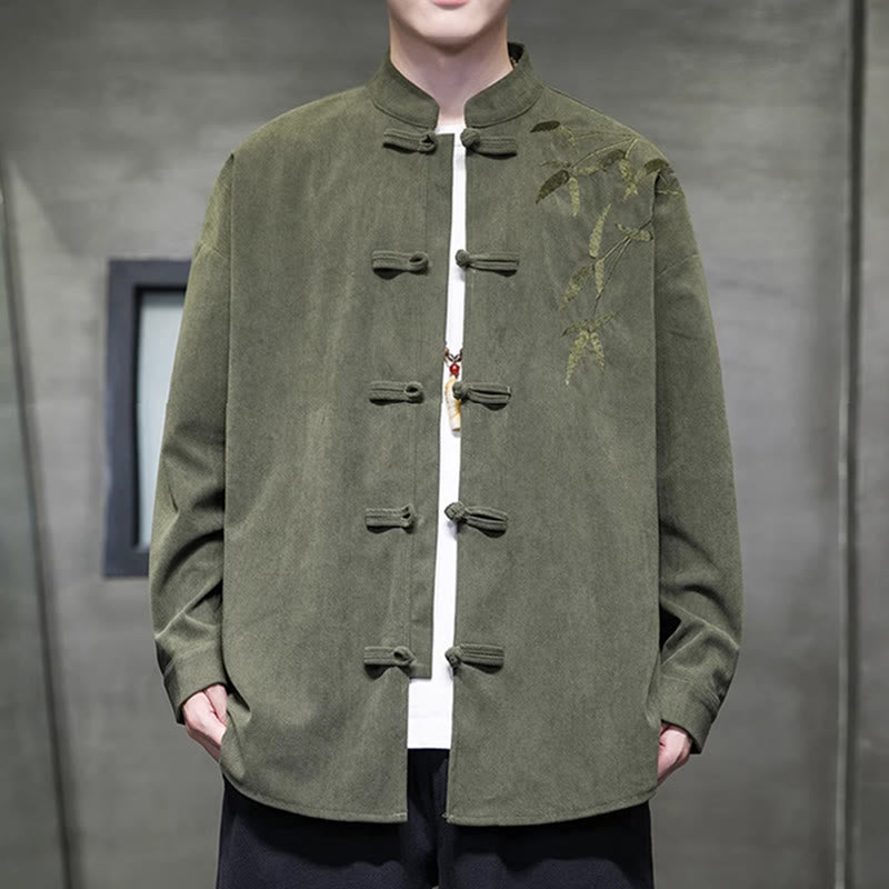 Chaqueta de pana de algodón de manga larga con botones de rana para hombre, bordada con Buddha Stones, estilo chino, de bambú, primavera - Verde oliva - US/UK/AU48，EU58(5XL) - image 0