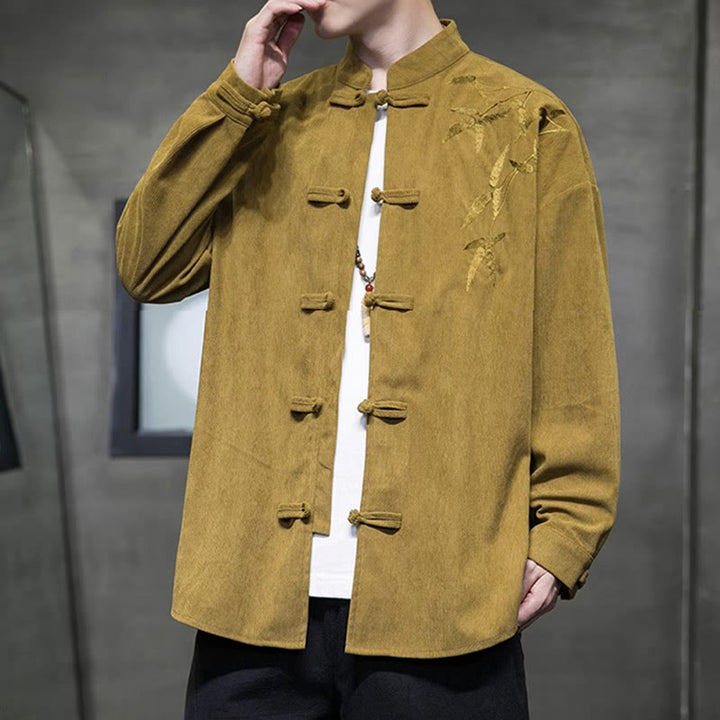 Chaqueta de pana de algodón de manga larga para hombre con bordado chino de bambú y Buddha Stones de primavera. - image 8