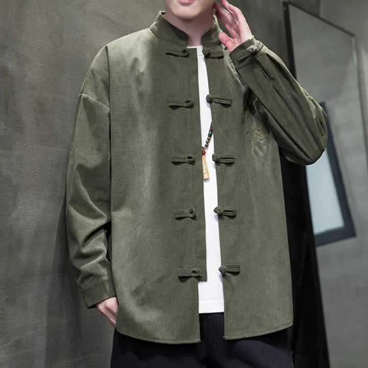 Chaqueta de pana de algodón de manga larga con botones de rana para hombre, bordada con Buddha Stones, estilo chino, de bambú, primavera - image 6