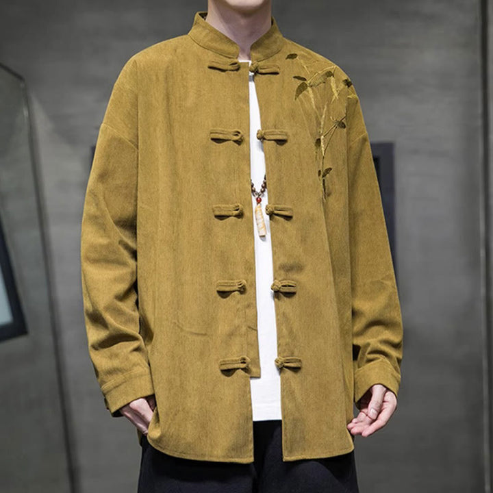 Chaqueta de pana de algodón de manga larga con botones de rana para hombre, bordada con Buddha Stones, estilo chino, de bambú, primavera - image 10