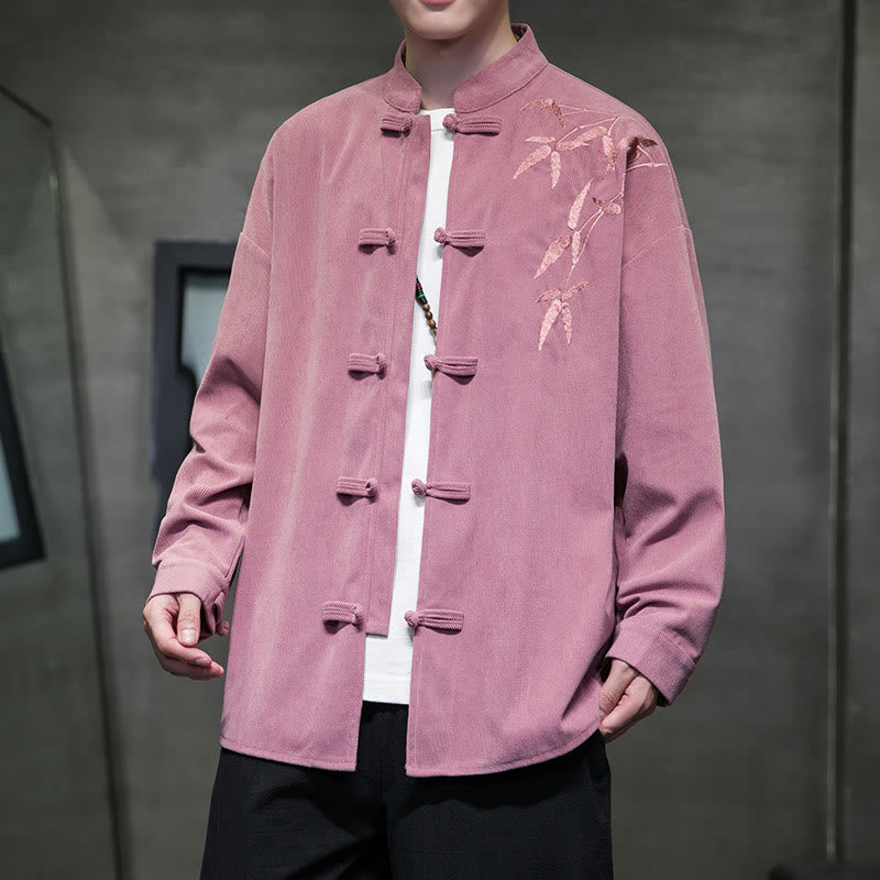 Chaqueta de pana de algodón de manga larga para hombre con bordado chino de bambú y Buddha Stones de primavera. - Rosa fuerte - US/UK/AU48，EU58(5XL) - image 18