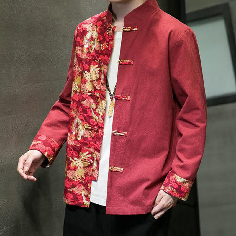 Chaqueta de algodón de manga larga para hombre con estampado de Buddha Stones, patrón de dragón en contraste de color y botones de rana. - image 1