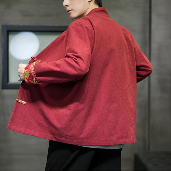 Chaqueta de algodón de manga larga para hombre con estampado de Buddha Stones, patrón de dragón en contraste de color y botones de rana. - image 6