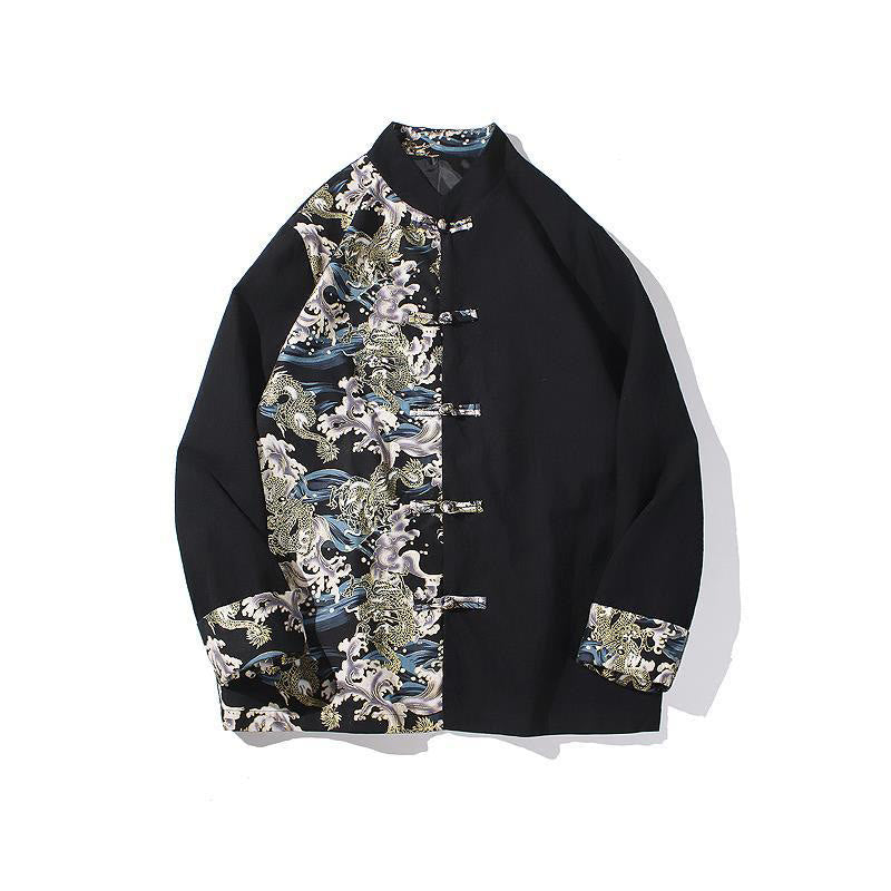 Chaqueta de algodón de manga larga para hombre con estampado de Buddha Stones, patrón de dragón en contraste de color y botones de rana. - image 20