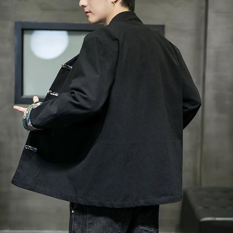 Chaqueta de algodón de manga larga para hombre con estampado de Buddha Stones, patrón de dragón en contraste de color y botones de rana. - image 14