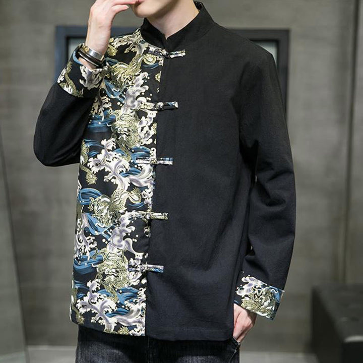 Chaqueta de algodón de manga larga para hombre con estampado de Buddha Stones, patrón de dragón en contraste de color y botones de rana. - image 15