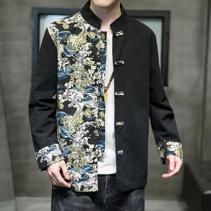 Chaqueta de algodón de manga larga para hombre con estampado de Buddha Stones, patrón de dragón en contraste de color y botones de rana. - image 13