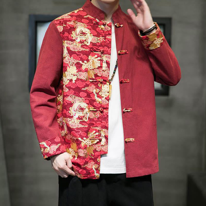Chaqueta de algodón de manga larga para hombre con estampado de Buddha Stones, patrón de dragón en contraste de color y botones de rana. - image 5