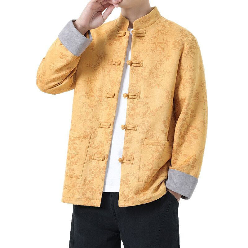 Chaqueta de algodón para hombre de manga larga con botones de bambú y estampado jacquard de otoño con Buddha Stones y bolsillos - image 4