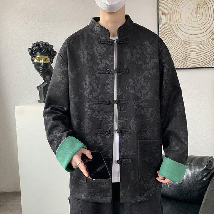 Chaqueta de algodón para hombre de manga larga con botones de bambú y estampado jacquard de otoño con Buddha Stones y bolsillos - image 6